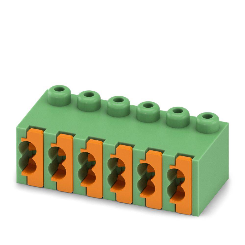 Ein grüner Anschlussblock mit vier orangefarbenen federbelasteten Anschlüssen, die für Drahtverbindungen in elektronischen oder elektrischen Anwendungen ausgelegt sind.