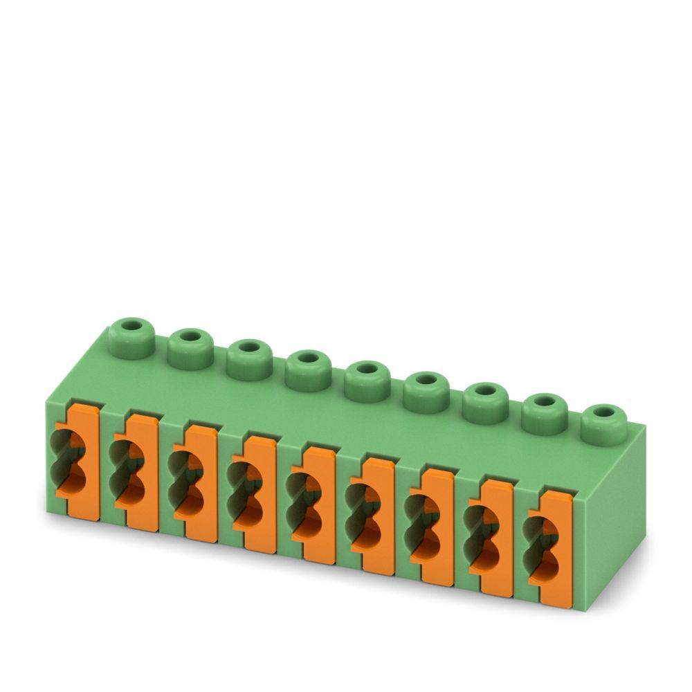 Ein Klemmenblock mit acht orangefarbenen Hebelsteckern in einem grünen Gehäuse für elektrische Drahtverbindungen.