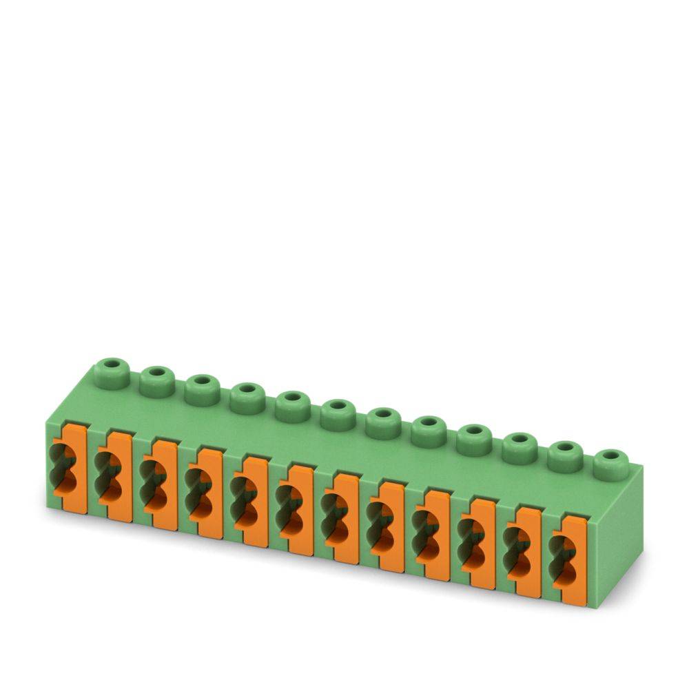 Ein grün-orange Klemmleistenverbinder mit mehreren Stiften für elektrische Verbindungen.