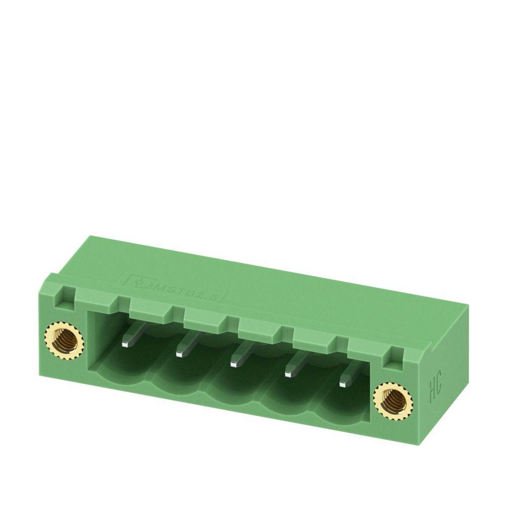 Ein grüner 5-poliger Elektrostecker mit Schraubklemmen, verwendet für sichere Drahtverbindungen in elektronischen Schaltungen.