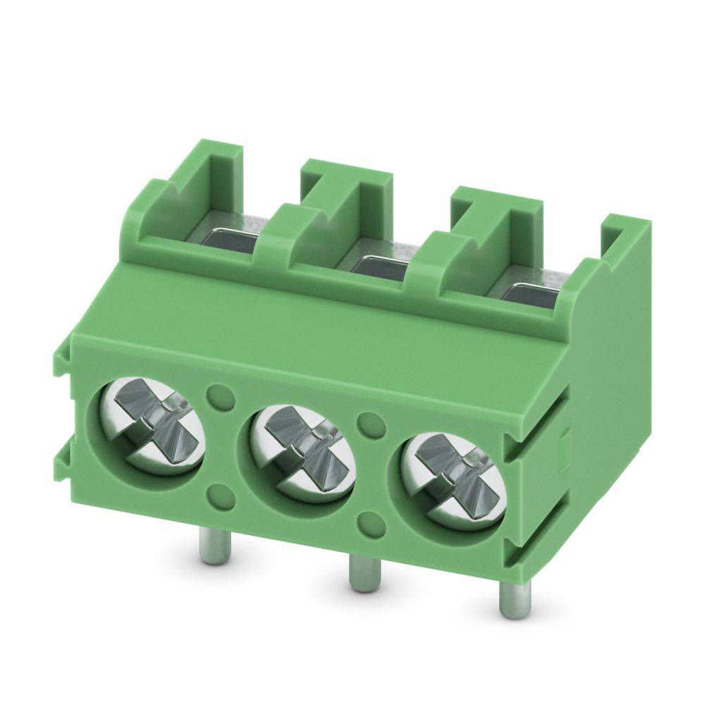 Ein grünes dreipoliges elektrisches Anschlussblöckchen mit Schraubklemmen, das zum Verbinden von Drähten in elektronischen Schaltungen verwendet wird.