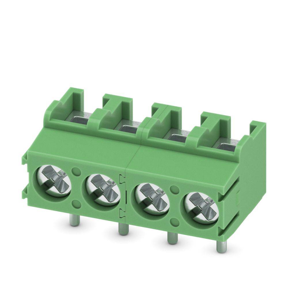 Ein grüner, vierpoliger Schraubklemmenblock-Stecker mit Metallschrauben, verwendet zum Befestigen von elektrischen Drähten in Geräten und Schaltkreisen.