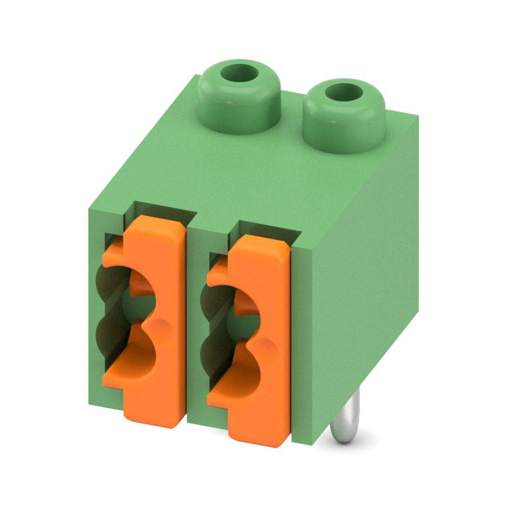 Ein kleiner grün-oranger Elektroklemmen-Steckverbinder mit zwei Stiften zum Verbinden von Leitungen in elektronischen Geräten.