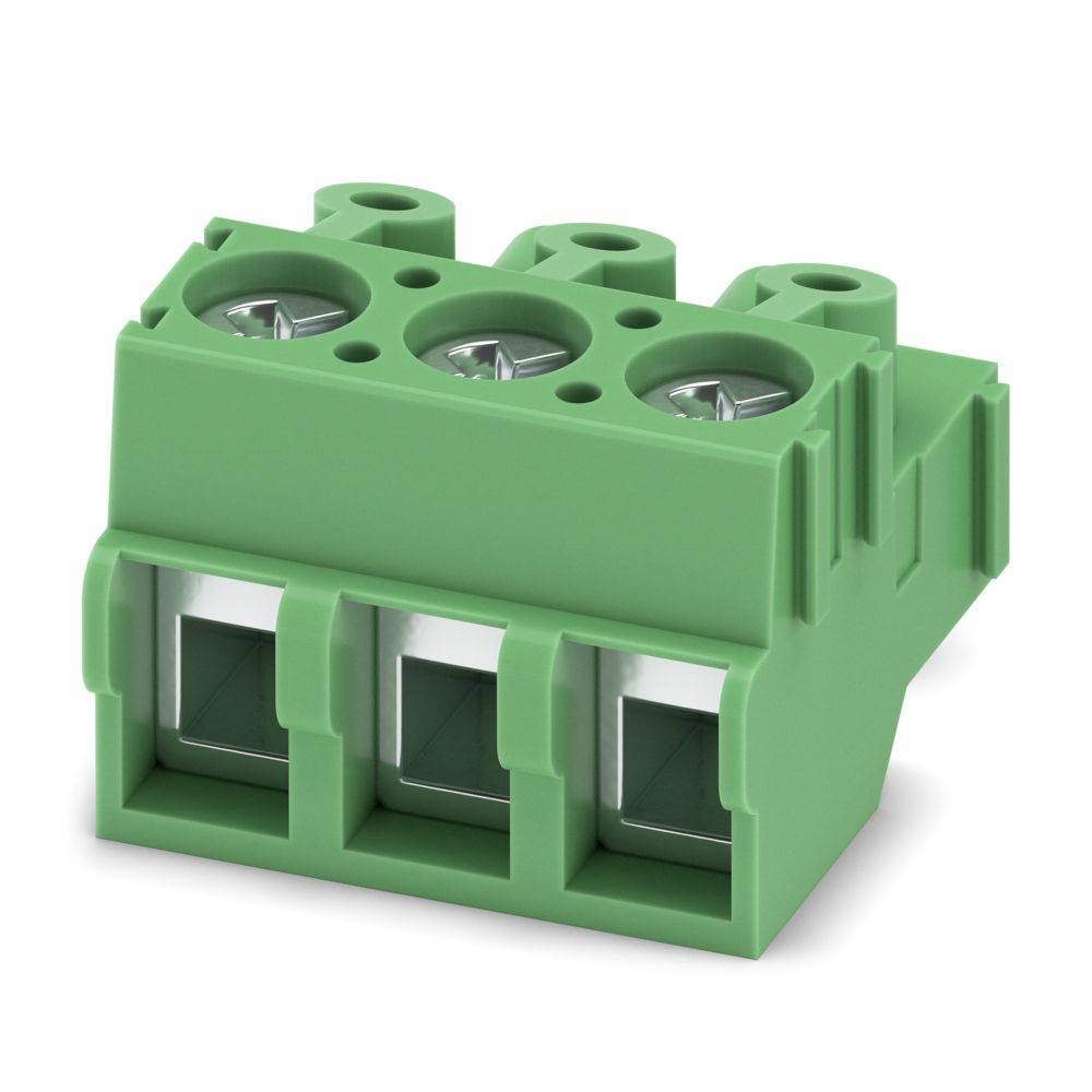 Ein grüner dreipoliger Elektroanschlussblock mit Schraubklemmen zum Verdrahten.