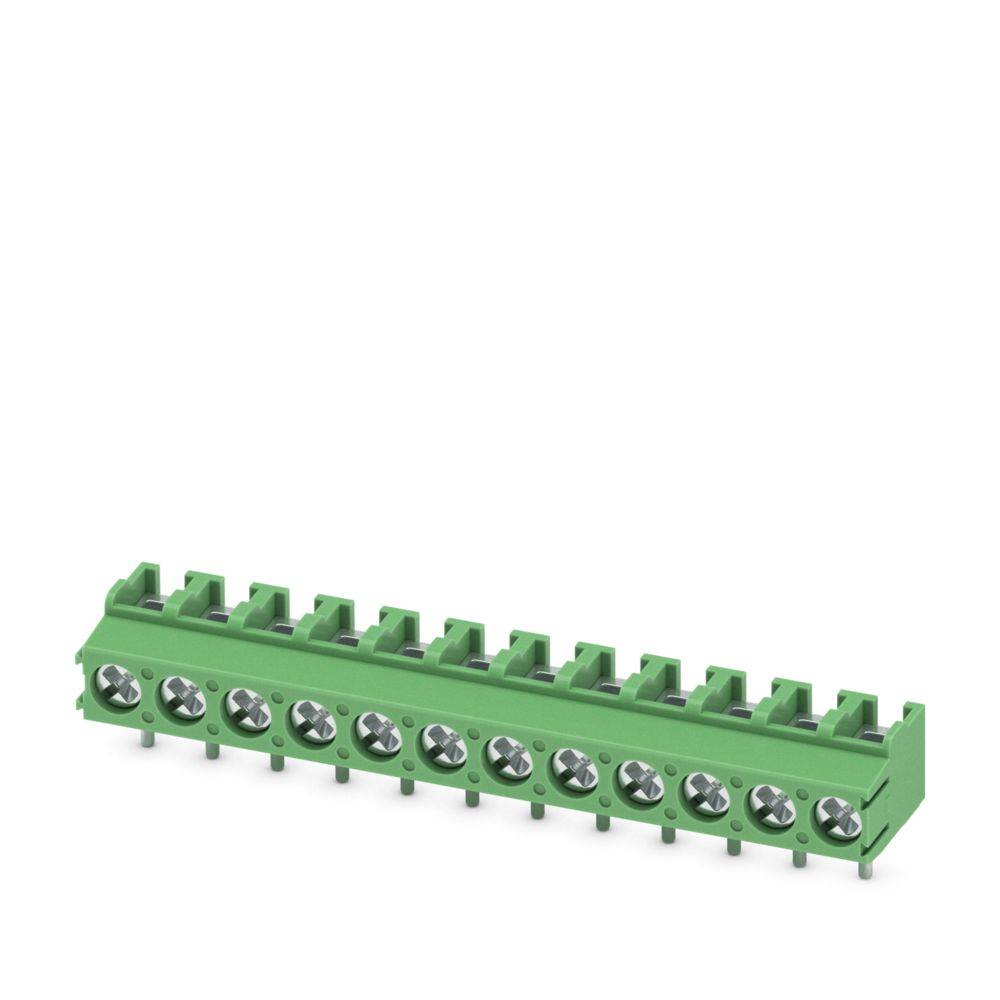 Grüner Klemmblock mit zwölf Schraubanschlüssen, verwendet zum Sichern von elektrischen Drähten in Schaltkreissystemen.