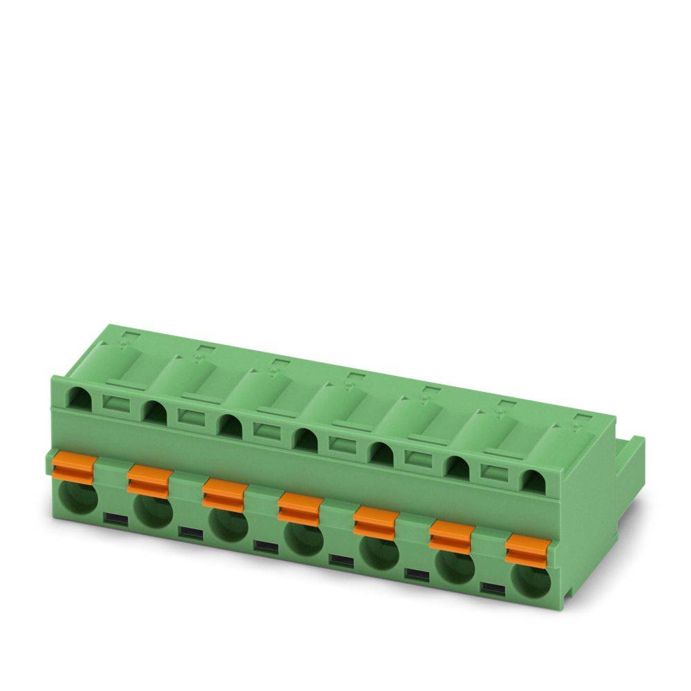 Ein grüner Elektrosteckverbinder mit mehreren Anschlüssen, ausgestattet mit orangefarbenen Verriegelungsmechanismen, wird in Perspektive dargestellt.