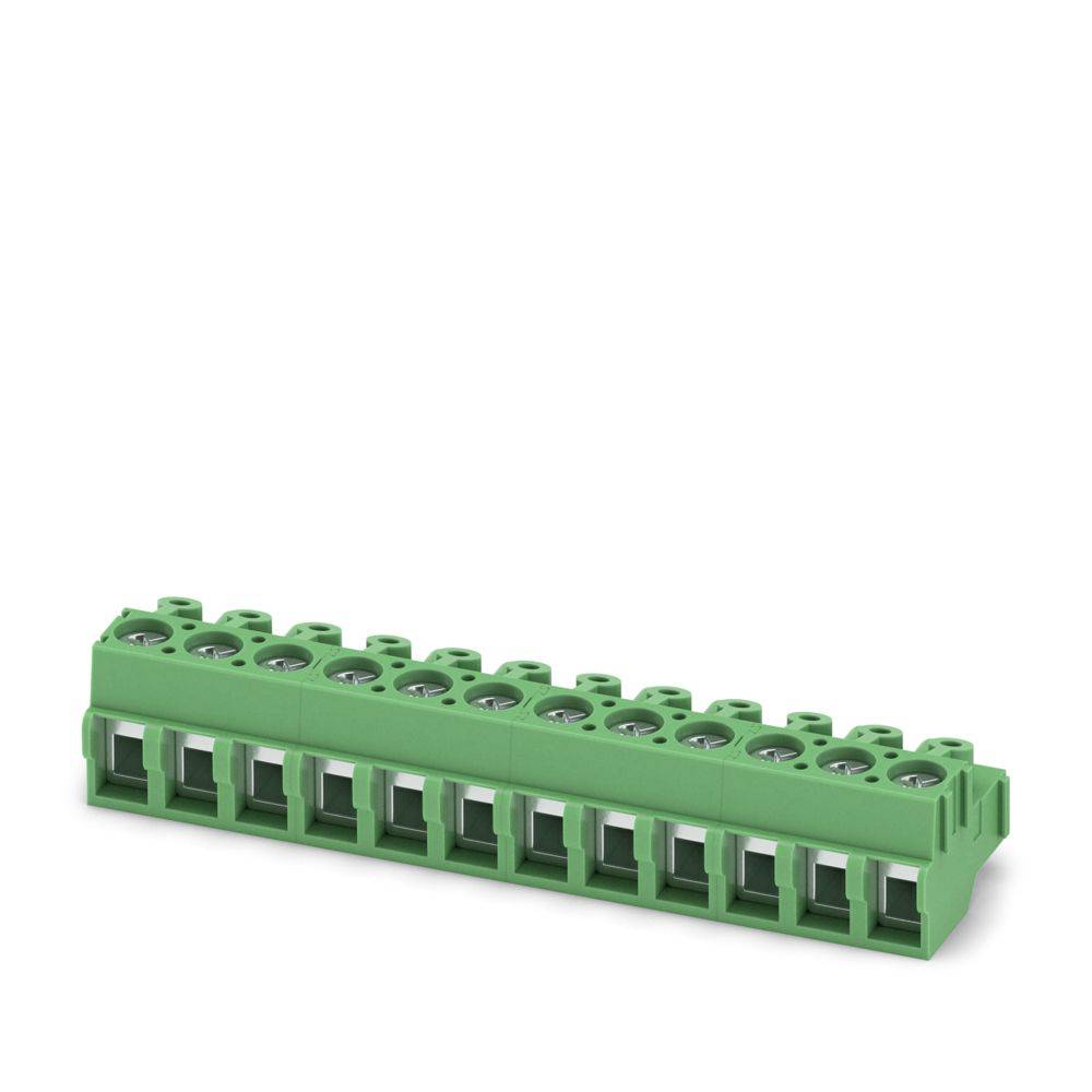 Ein grüner Schraubklemmenblock mit mehreren Anschlüssen für elektrische Verkabelung, der eine stabile und sichere Verbindungsschnittstelle bietet.