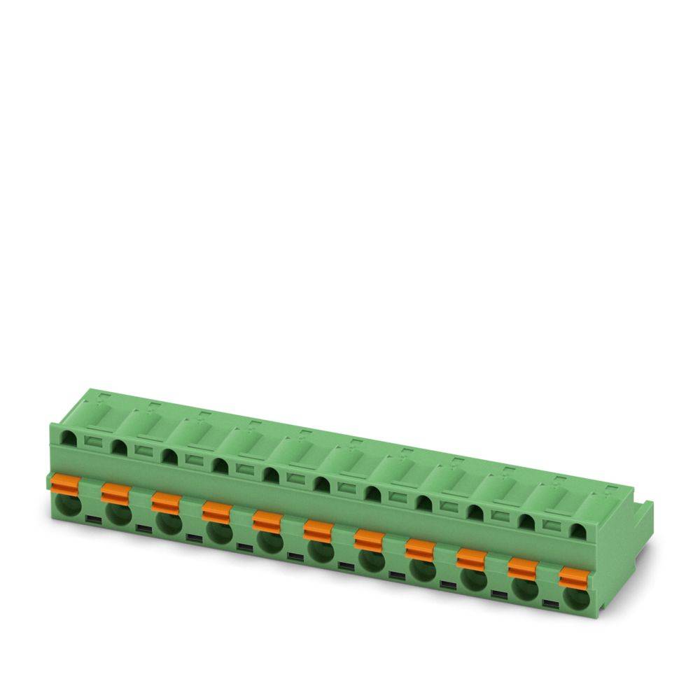 Grüner Steckerblock mit mehreren Anschlüssen für elektrische Verbindungen, mit Nuten und orangefarbenen Akzenten für die Verkabelung.