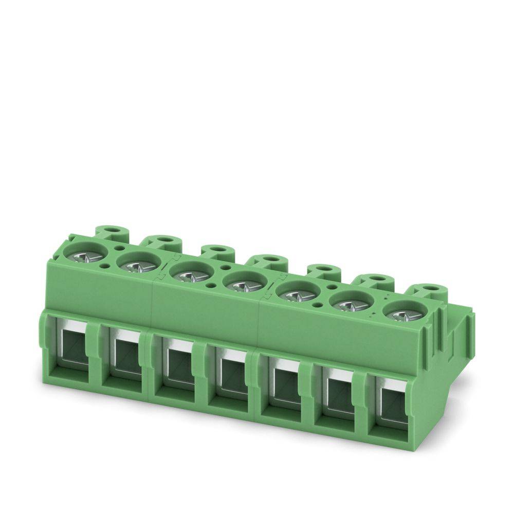 Grüner Terminalblock mit mehreren Anschlüssen zum Verbinden elektrischer Drähte, verwendet in elektronischen und elektrischen Anwendungen.