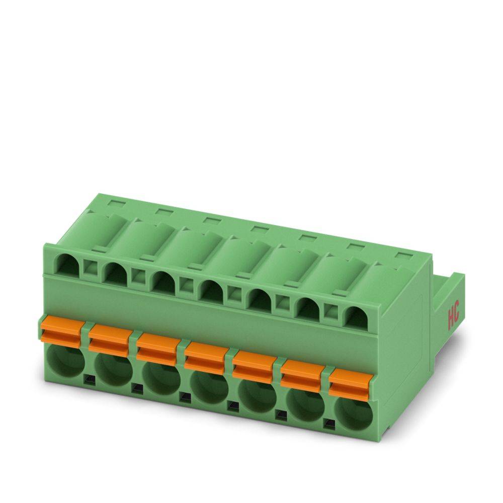 Ein grünes Stromverteilerklemmen-Block mit orangefarbenen Hebeln für Drahtverbindungen, das in Industrie- und Elektrosystemen häufig zur sicheren Verdrahtung verwendet wird.