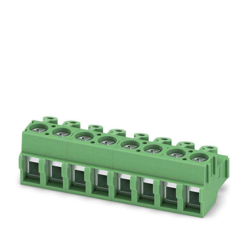 Ein grünes Klemmenbrett mit acht Schraubklemmpunkten, entwickelt für elektrische Verkabelung und Schaltungsverbindungen.