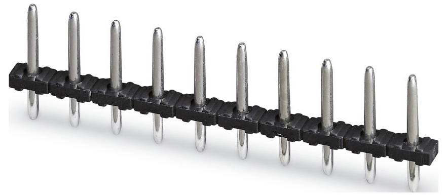 Eine Reihe von 10 Metall-Stiftverbindern, die auf einer schwarzen Kunststoffbasis befestigt sind und für elektrische Verbindungen in elektronischen Geräten verwendet werden.