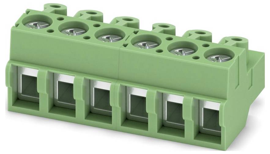 Ein grünes Klemmleistenblatt mit sechs Anschlüssen für elektrische Verdrahtung, das Schraubklemmen und Befestigungsnuten aufweist.