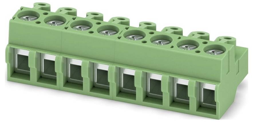 Ein grünes Klemmleistenblock mit acht Anschllusspunkten, entwickelt für die elektrische Verkabelung und Schaltungsverbindungen in elektronischen Geräten.