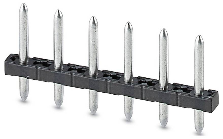 Ein sechspoliger Steckverbinder mit Metallstiften, die in einer einzelnen Reihe angeordnet sind, und einer schwarzen Kunststoffbasis, die für elektrische Verbindungen auf Leiterplatten verwendet wird.