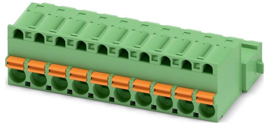 Ein grüner und orangefarbener Elektrostecker mit mehreren Anschlüssen, der zur Verkabelung in elektronischen Geräten verwendet wird.