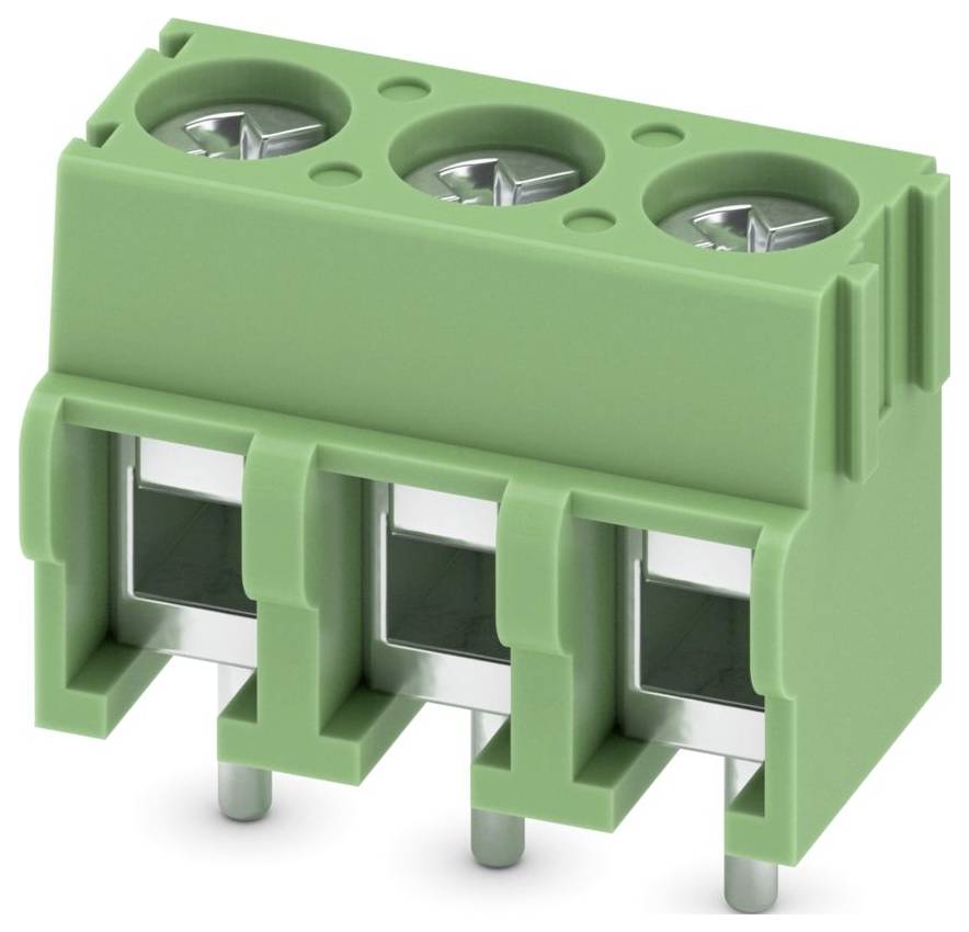 Grüner Elektrosteckverbinder mit mehreren Metallkontakten, die in einer Reihe angeordnet sind.