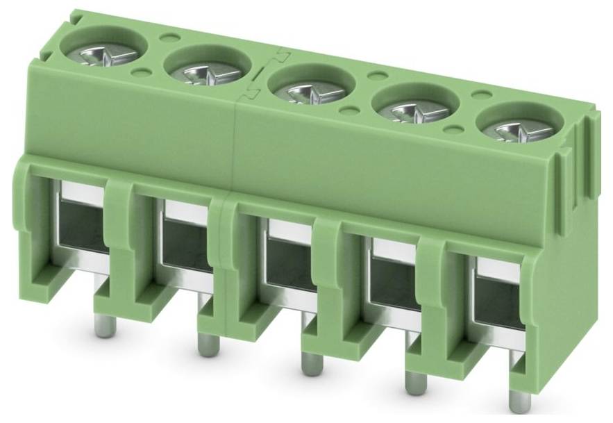 Grüner Elektro-Klemmblock mit mehreren Anschlussanschlüssen und orangefarbenen Hebeln. Wird für sichere Verdrahtungsverbindungen verwendet.