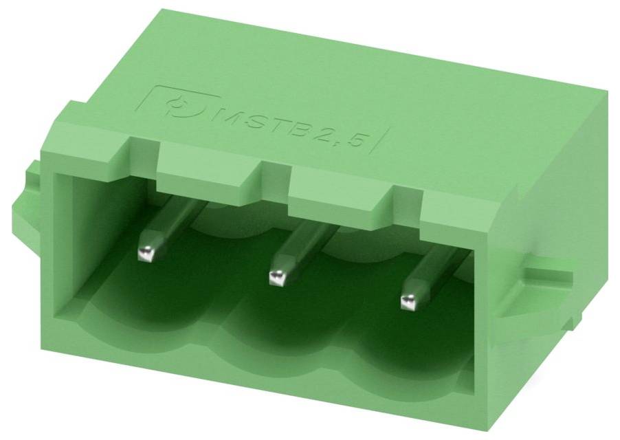 Grüner 3-poliger Steckverbinder für elektronische Geräte mit sichtbaren Stiften im rechteckigen Gehäuse. Die eingravierte Beschriftung lautet „MSTB 2,5