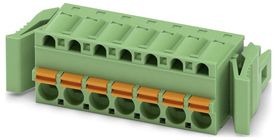 Ein grün und orange farbenes Klemmleistenverbindungselement mit mehreren Nuten zum Verdrahten, üblicherweise in elektronischen oder elektrischen Baugruppen verwendet.