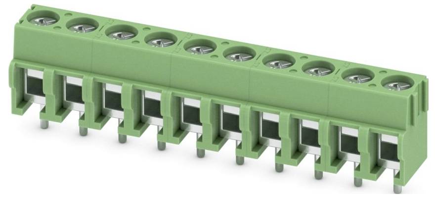 Ein rechteckiger schwarzer elektrischer Stecker mit mehreren Stiften entlang der unteren Kante, wahrscheinlich zum Verbinden von Schaltkreisen oder Geräten.