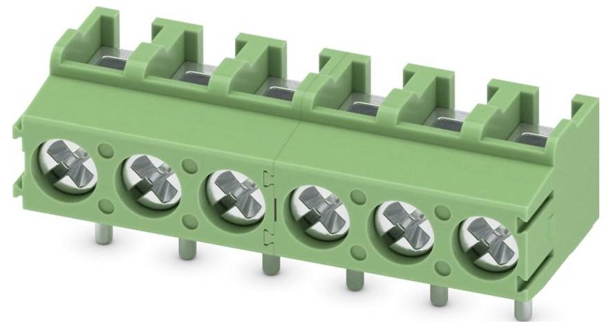 Ein grünes Klemmenleistenblock mit Schraubklemmen, bestehend aus acht Anschllusspunkten für elektrische Verdrahtung.