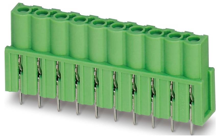 Ein grüner elektrischer Stecker mit mehreren Stiften zur Leiterplattenmontage, der entwickelt wurde, um eine sichere Drahtverschraubung zu ermöglichen.