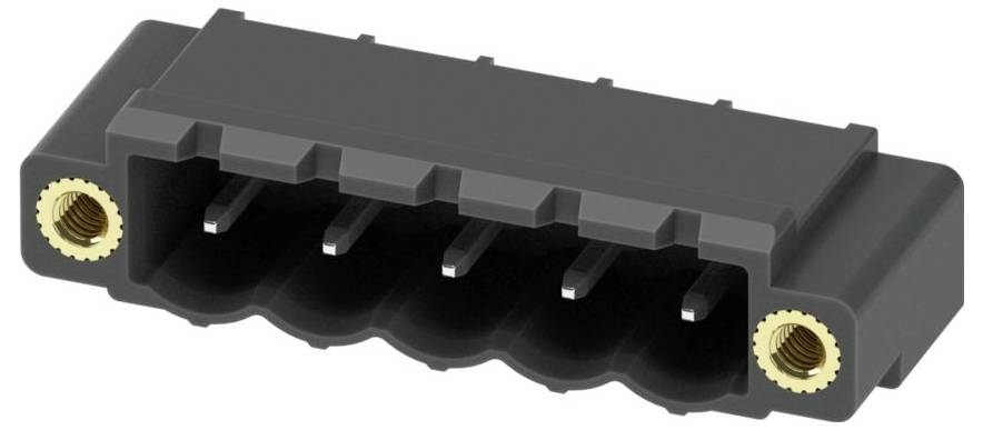 Ein schwarzer, rechteckiger Elektrostecker mit fünf inneren Stiften und zwei Gewindelöchern an den Enden, der für Verbindungen elektronischer Geräte verwendet wird.