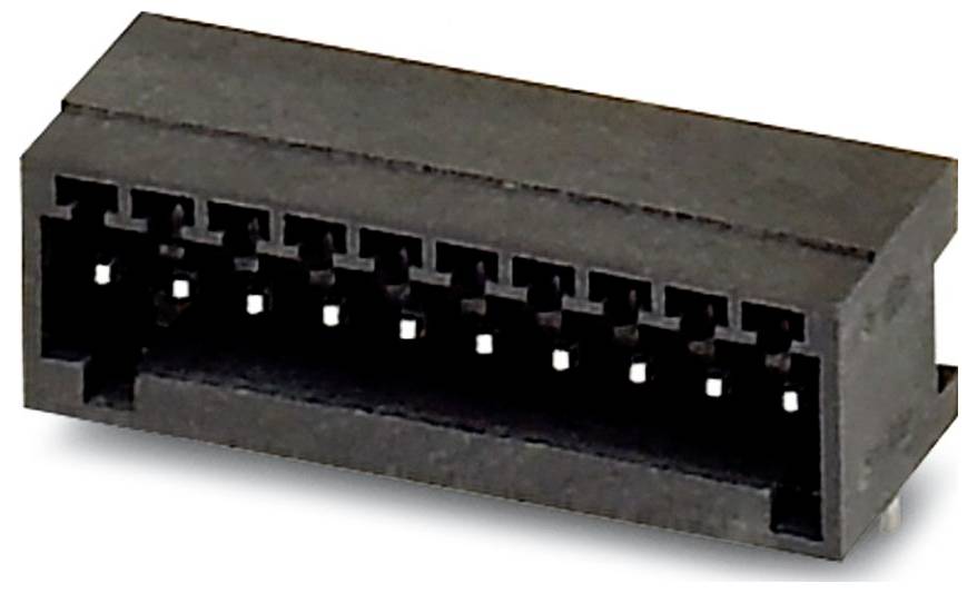 Ein schwarzer 2x6-polig weiblicher Steckverbinder mit offenen Schlitzen und sichtbaren Metallkontakten, der zum Verbinden elektronischer Komponenten verwendet wird.