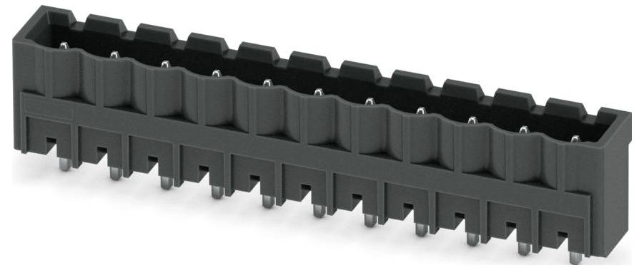 Ein schwarzer 12-Pin-Steckverbinder mit Metallkontakten, verwendet für elektronische Leiterplatten, angezeigt vor einem weißen Hintergrund.