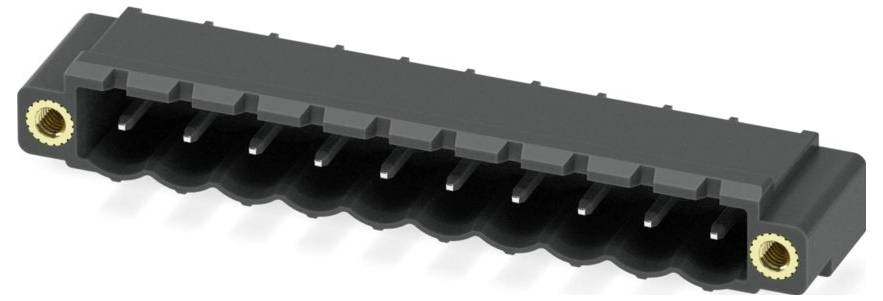 Ein 10-polig männlicher Steckerverbinder mit Silberstiften und schwarzem Kunststoffsockel, der für elektronische Leiterplatten und Komponentenverbindungen verwendet wird.