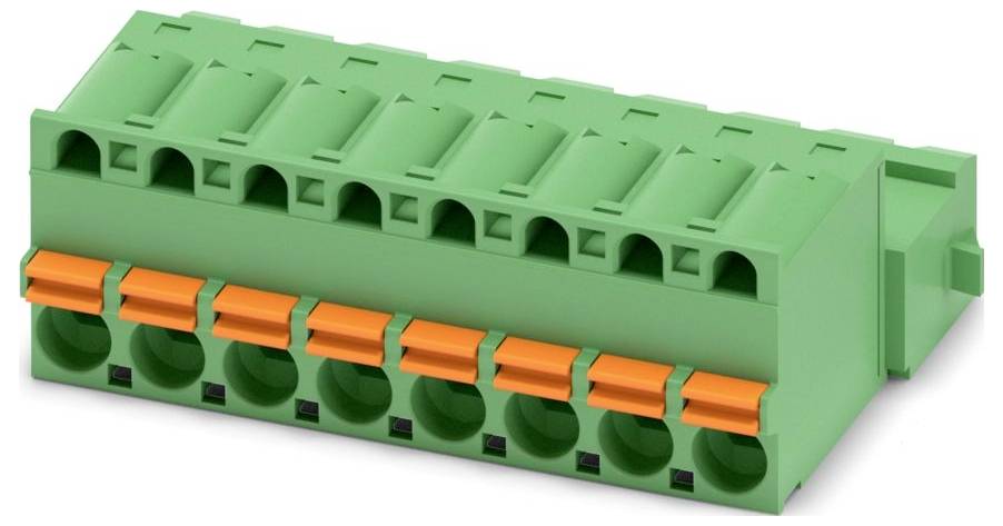 Grüner und orangefarbiger Elektrikerklemmenblock mit mehreren Anschllusspunkten, verwendet für Verdrahtungsanwendungen in elektrischen Installationen.