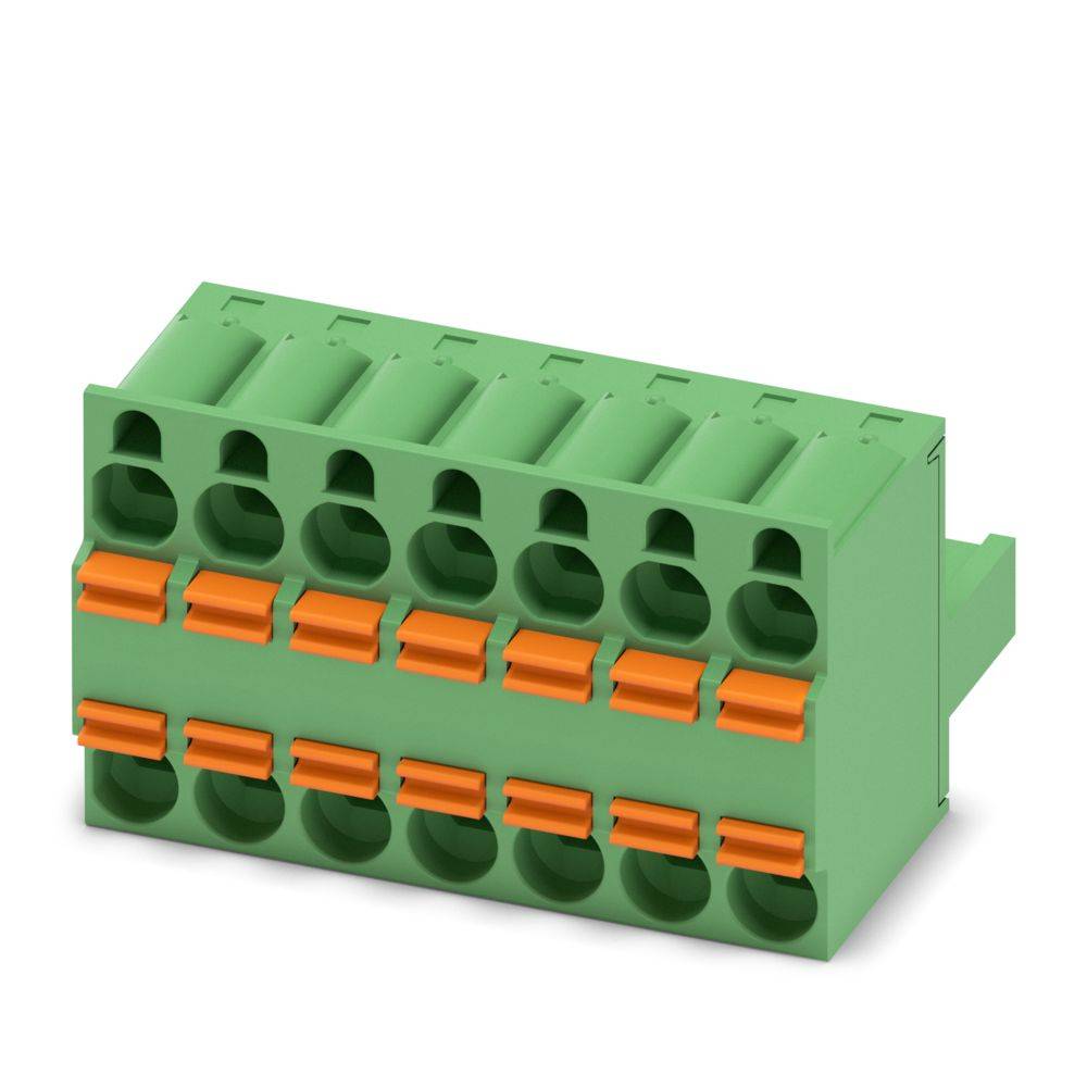 Ein grüner Steckverbinder mit mehreren orangefarbenen Anschlüssen zur Stromverkabelung, der eine Reihe von Steckplätzen für sichere Drahtverbindungen zeigt.