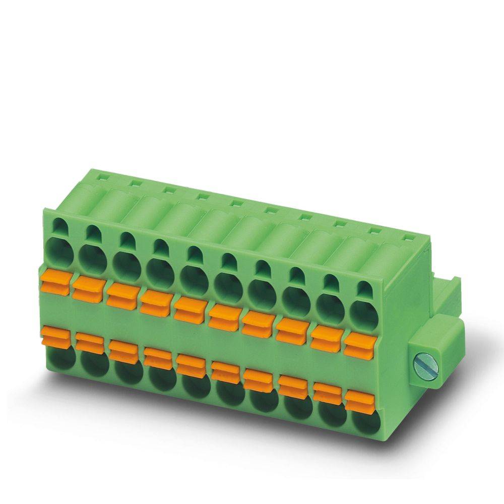 Ein grünes modulares Klemmleistenblock mit mehreren Anschllusspunkten für elektrische Verkabelung, mit orangefarbenen Schlitzen für die Drahteinführung.