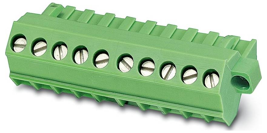 Ein grünes Schraubklemmleisten-Block mit zehn Schlitzen zum Befestigen von Drähten, verwendet in elektrischen Verbindungen und Leiterplatten.