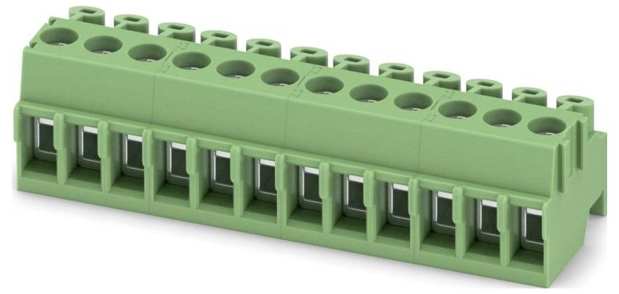 Grüner Klemmenblock mit mehreren Anschlusspunkten für elektrische Verdrahtung, der in Schaltungen für sichere Drahtverbindungen verwendet wird.