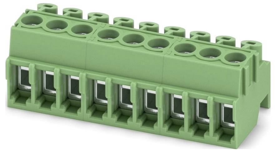 Ein grüner Klemmenblock mit sechs Anschlüssen, der zur elektrischen Verdrahtung verwendet wird, in einer Schrägansicht, die seine Anschlüsse und Steckplätze hervorhebt.