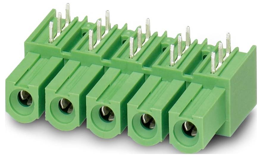 Ein grüner steckbarer Klemmblock mit fünf Pin-Steckern für elektrische Schaltungen, konstruiert für einfaches Anschließen und Trennen von Drähten.