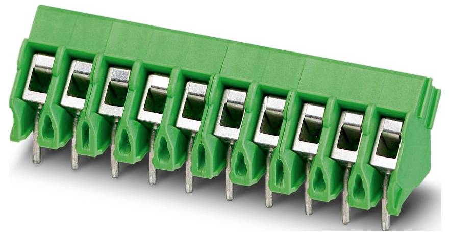 Ein grünes Leiterplatten-Klemmleistenmodul mit 10 Anschlüssen und Klemmhebeln zum Sichern von Drähten in elektrischen Geräten oder Leiterplatten.