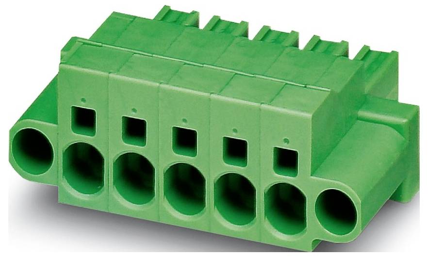 Ein grüner elektrischer Stecker mit mehreren Schlitzen und Öffnungen, die in zwei Reihen angeordnet sind und zum Anschließen von Drähten in einem Stromkreis verwendet werden.