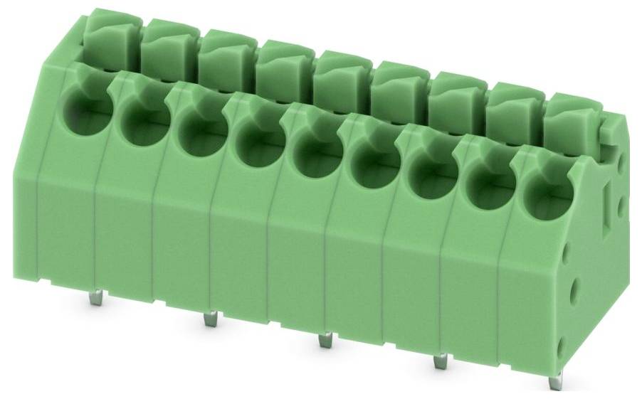 Ein grünes Klemmleistenblock mit mehreren Anschlüssen wird in perspektivischer Ansicht gezeigt, der zur Elektroinstallation verwendet wird.