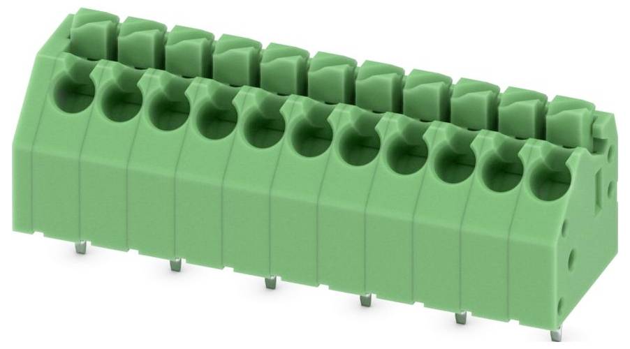 Ein grünes, 10-poligen Leiterplattenklemmenblock mit 5,08-mm-Rastermaß, konstruiert für elektrische Verbindungen in elektronischen Baugruppen.