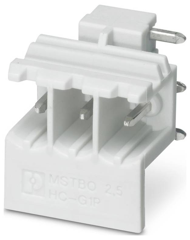 Ein weißer elektrischer Steckverbinder mit zwei vertikalen Schlitzen, gekennzeichnet mit „MSTBO 2,5 HC-G1P