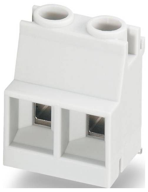 Ein weißer Elektro-Klemmblock mit zwei Anschlussplätzen und metallischen Kontakten, der zum Befestigen und Verbinden von elektrischen Drähten verwendet wird.