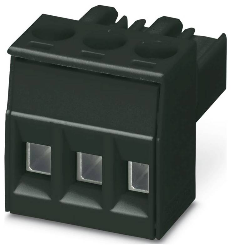 Ein schwarzer Drei-Positionen-Hebel-Klemmblock mit transparenten Fenstern an jeder Position, der zum sicheren Anschluss von Stromleitern verwendet wird.
