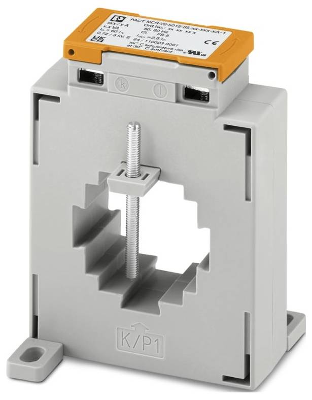 Ein graues Elektrogerät mit einer orangefarbenen Komponente oben, mit einer zentralen quadratischen Öffnung, einem Schraubenmechanismus und Anschluss-Klemmen.