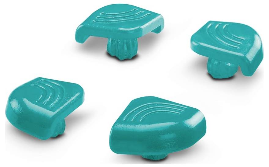 Türkise ergonomische Daumengriffe für Controller, von verschiedenen Winkeln gezeigt, entworfen um Spielkomfort und Kontrolle zu verbessern.