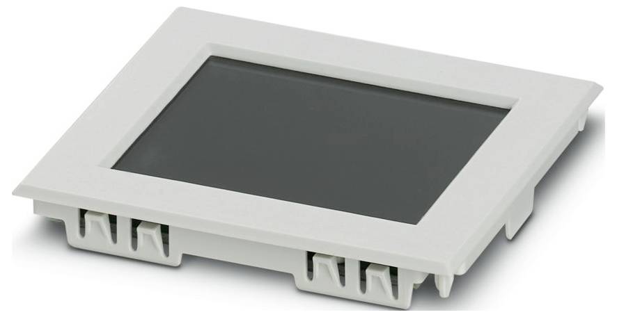 Ein graues elektronisches Bildschirmmodul mit flachem rechteckigem Design, leicht erhöhten Kanten und Steckverbindern an der Seite, das bei Paneelinstallationen verwendet wird.
