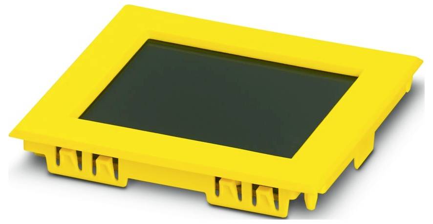 Ein rechteckiges gelbes Objekt mit einem dunklen Bildschirm in der Mitte, das an eine Komponente eines elektronischen Geräts erinnert, aus einem Winkel betrachtet.