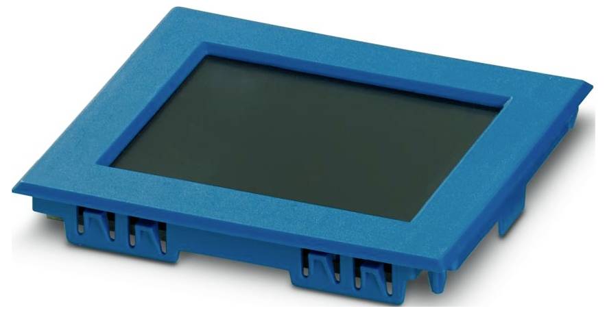 Blauer rechteckiger LCD-Bildschirm mit Kunststoffgehäuse, schräg angewinkelt und von der Seite betrachtet.